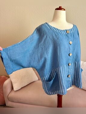 100% Linen Button Front Tunic Top S Made in Italy Boxy Lagenlook Womens One Size